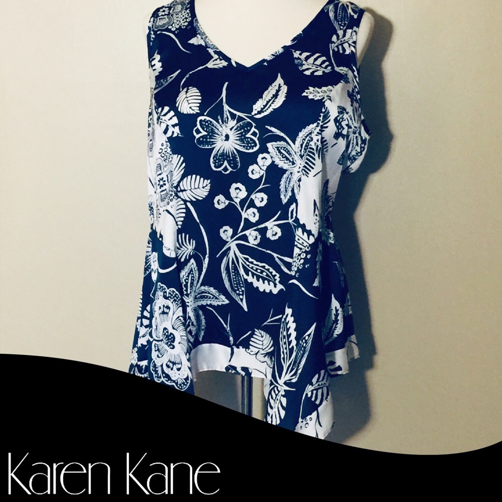EUC NWOT Karen Kane Blue/White Silky Top XL